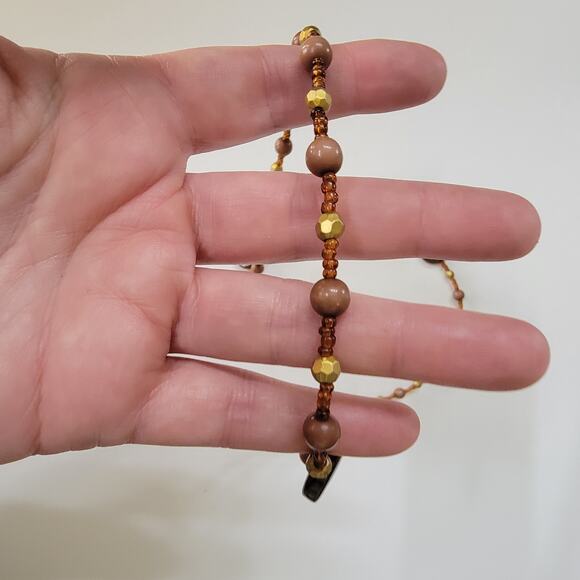 Brown and Gold Beaded Necklace with Round Accents Boho Earthy Seed Bead Jewelry - Picture 5 of 10